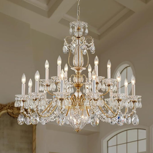 Vintage 2 Layers Crystal Chandelier for High Ceilings, 18-Light Brass Chandelier, Pendant Ceiling Light Fixture for Living Room Hallway Lobby Foyer Entrance Hotel Banquet Hall, Dia 37"