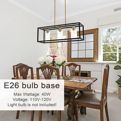 MELUCEE Dining Room Light, Island Lights for Kitchen Modern Chandeliers Rectangle Black 3 Lights, Linear Pendant Ceiling Lighting Fixture with Clear Glass Shade and Brass Socket, E26 Base