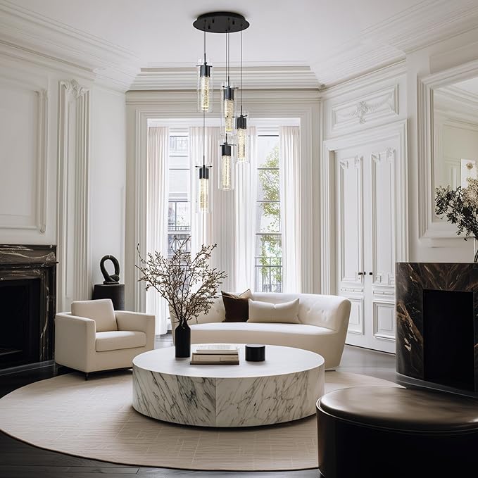 Tawson Alice 5-Light Chandelier Pendant Ceiling Light, Integrated Led and Bubble Glass, for Kitchen Island, Hallway, Entryway, Passway, Dining Room, Bedroom, Balcony Living Room (Black)