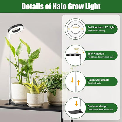 Black 3.54" LED Grow Light, Full Spectrum Plant Lights for Indoor Growing with 3/9/12H Timer, 3 Color Modes, 10 Brightness, Height Adjustable, Small Halo Grow Light with Base, 3 Pack