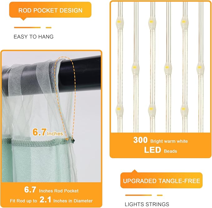 Fomcet Tulle Curtains with Lights String Green 10FT X 8FT Sheer Backdrop Curtains for Parties Wedding Baby Shower Photo Shoot Decorations (2 Panels 5x8FT)