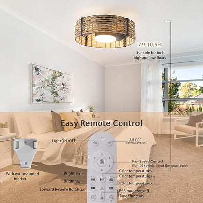 Ganeed 18W LED 20 Inch Dimmable Bamboo Rattan Fandelier, Boho Caged Ceiling Fan with Light and Remote, 6 Speed/Reversible Motor/RGB LED Small Ceiling Fan for Bedroom Living Room Kitchen Nursery