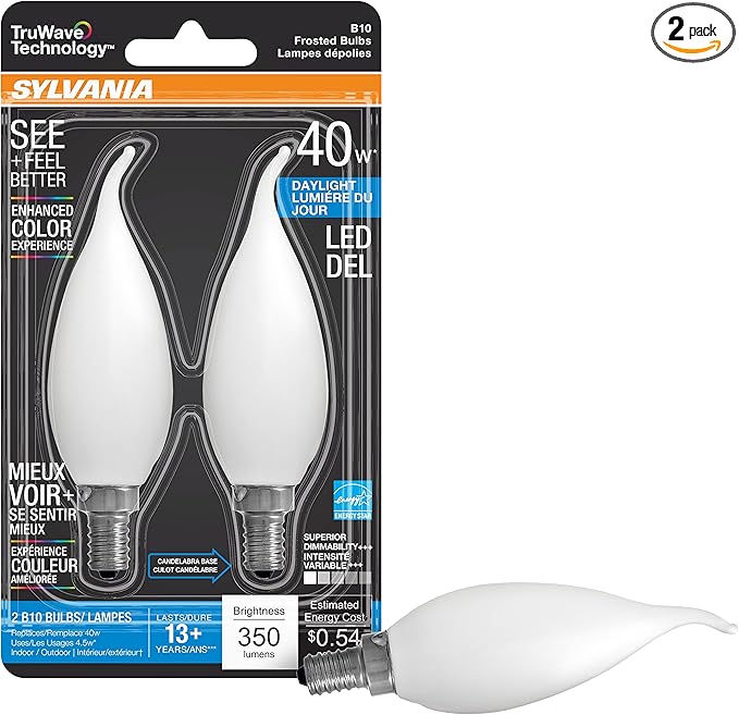 Sylvania LED TruWave Natural Series Candelabra Base Light Bulb, 40W Daylight, Dimmable, Frosted, Candle Tip - 2 Pack