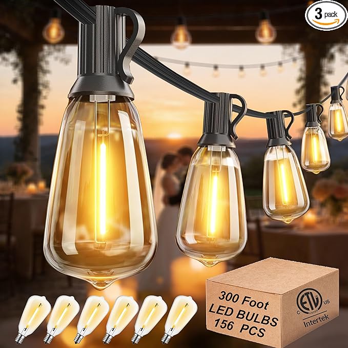 DAMAING String Lights for Outside 300FT shatterproof connectable Patio Lights Outdoor 3 Pack x 100FT with 156 PCS Vintage dimmable LED Edison Bulbs,Waterproof Hanging Lights for Backyard,Deck