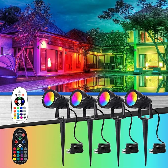 RGB LED Landscape Lighting,Color Changing Landscape Spotlight Outdoor 110V Decorative Party Light,Plug in Landscape Lights 16Colors+ Warm White with Remote(4Pack)