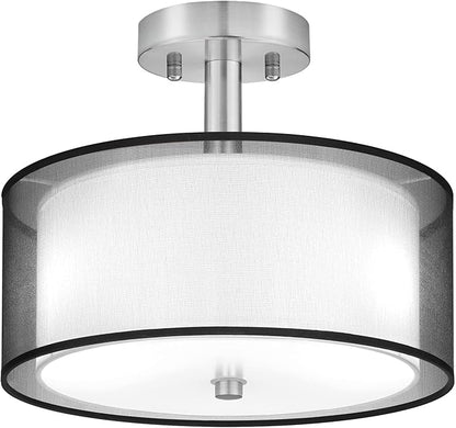 FOLKSMATE Semi Flush Mount Ceiling Light Fixture, 3-Light Drum Light with Double Fabric Shade, Modern Black Close to Ceiling Lighting for Living Room, Bedroom, Dining Room, Kitchen, Hallway, Entry