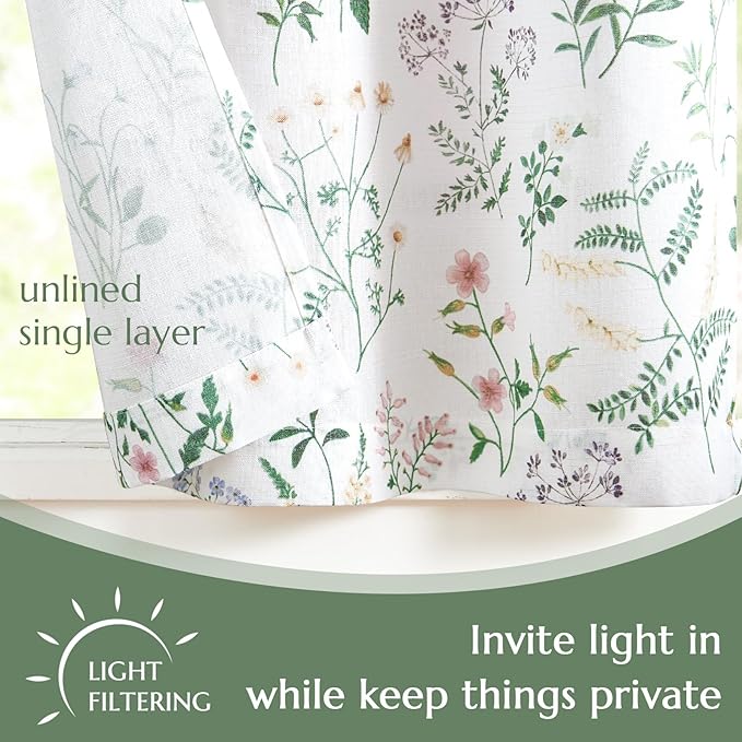 jinchan Spring Floral Kitchen Curtain Over Sink Farmhouse Linen Tier Curtain 24 Inch Length Cafe for Living Room Bathroom Botanical Small Drapes Rustic Light Filtering Rod Pocket 1 Panel Sage Green