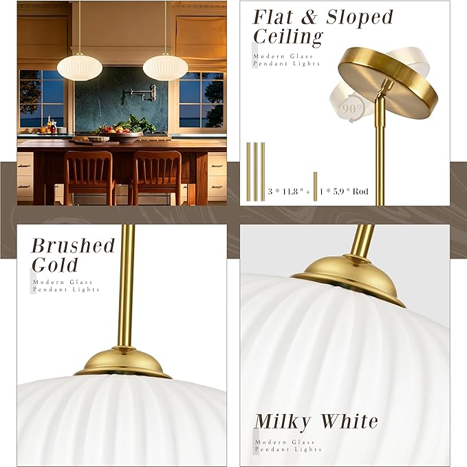 12" Milky White Glass Modern Pendant Light Kitchen Island Brushed Gold Mid Century Modern Pendant Lighting with Frosted Glass Hanging Pendants Light for Bedroom（Bulb Incl.）