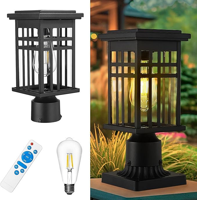 Solar Lamp Post Light, HWH 12 Inch Black Exterior Post Light for Yard Garden with Remote Control, Die-Cast Aluminum with Clear Glass Shade, 5HD36P SL BK