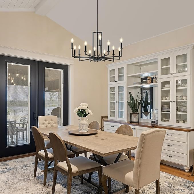 Modern Black Chandelier, Farmhouse Candle Dining Room Chandeliers Over Table, Metal Hanging Pendant Light Fixture for Kitchen, Foyer, Bedroom, Living Room, Staircase, Entryway, 12-Light