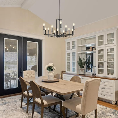 Modern Black Chandelier, Farmhouse Candle Dining Room Chandeliers Over Table, Metal Hanging Pendant Light Fixture for Kitchen, Foyer, Bedroom, Living Room, Staircase, Entryway, 12-Light