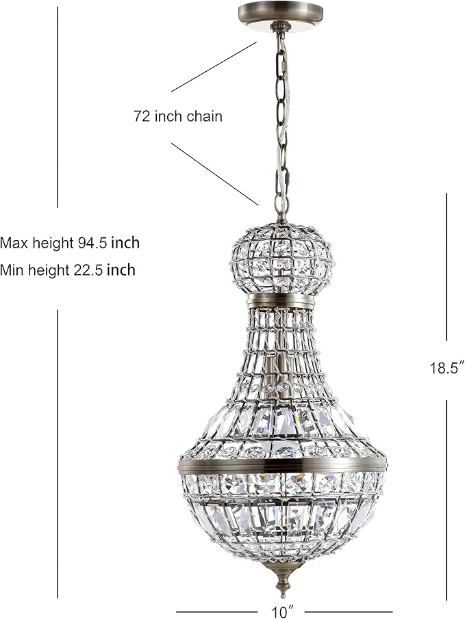 JONATHAN Y 10" Antique Brass Regina Empire LED Pendant Light, Glam Adjustable Hanging Chandelier for Dining Room Kitchen Foyer, Clear Crystal Shade, LED Bulb Included JYL6108A