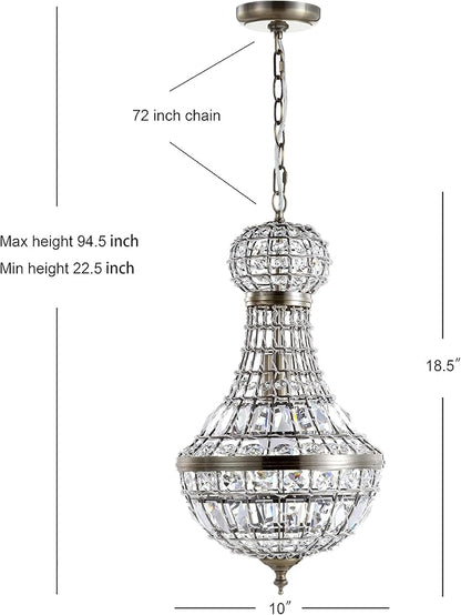 JONATHAN Y 10" Antique Brass Regina Empire LED Pendant Light, Glam Adjustable Hanging Chandelier for Dining Room Kitchen Foyer, Clear Crystal Shade, LED Bulb Included JYL6108A