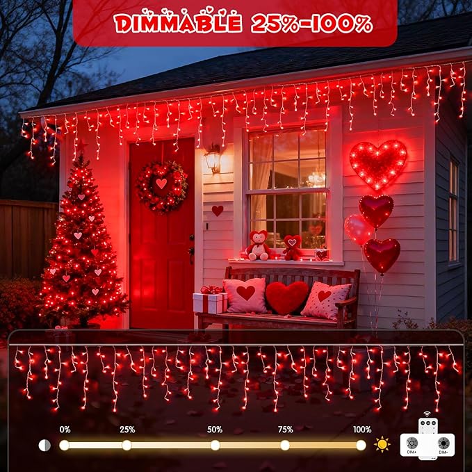 JMEXSUSS 400 LED Red Valentine Lights Outdoor, Connectable Red Icicle Lights Indoor Outdoor with Remote, Christmas Light for Valentine Room Fireplace Christmas Decorations