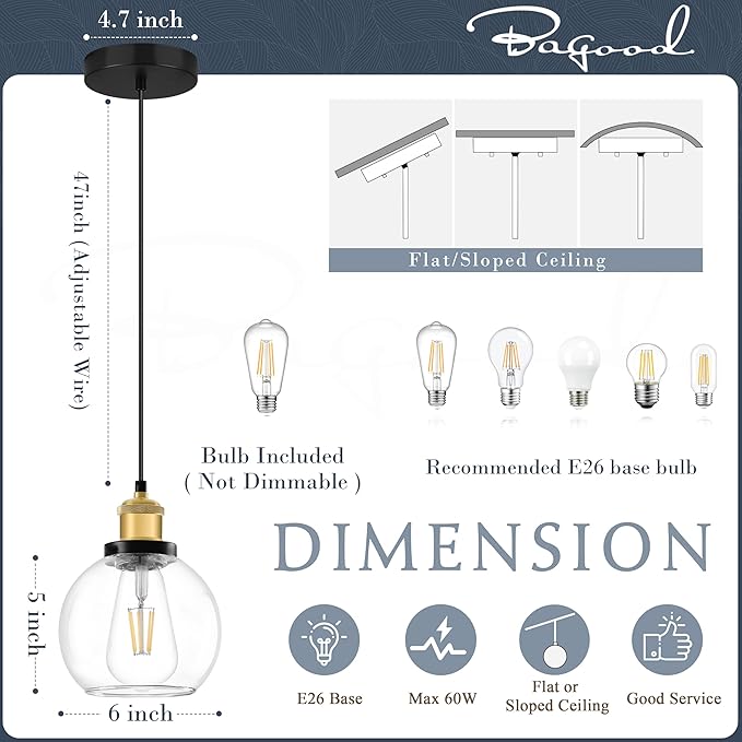 Bagood 6 inch Mini Hanging Pendant Light Contemporary Globe Pendant Lights Kitchen Island Clear Glass with Black Gold Finish Adjustable Hanging Light Fixture for Kitchen Island (Bulb Included)