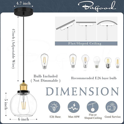 Bagood 6 inch Mini Hanging Pendant Light Contemporary Globe Pendant Lights Kitchen Island Clear Glass with Black Gold Finish Adjustable Hanging Light Fixture for Kitchen Island (Bulb Included)