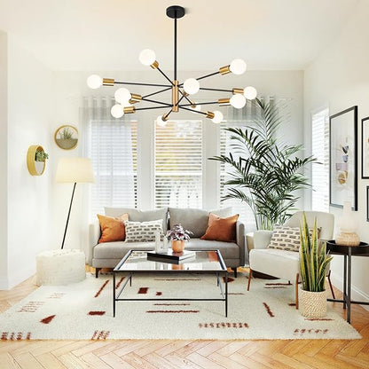 SINERISE Modern Sputnik Chandelier Light Fixture, 12-Light Chandelier Ceiling Light Fixture Black and Gold Mid Century Chandelier Height Adjustable for Kitchen, Living Room, Bedroom, Hallway and Foyer