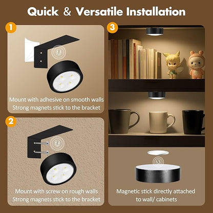 6Pcs Picture Lights for Wall Battery Operated, Magnetic Led Painting Light with Remote Dimmable and Timer, 3 Lighting Modes Art Display Light for Picture Frame, Wireless Wall Decor Puck Lights, Black