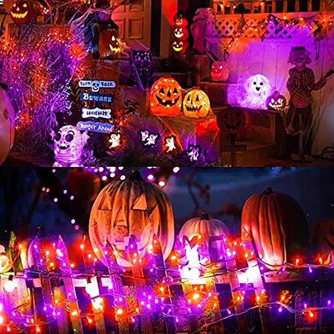 New Upgraded Orange and Purple Solar Halloween Lights, 19 Modes 2 Pack Total 144FT 400 LED Solar String Lights Outdoor Waterproof Solar & USB Rechargeable for Halloween Decorations, Orange & Purple