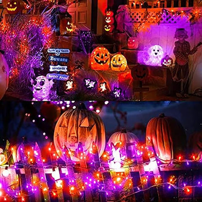 New Upgraded Orange and Purple Solar Halloween Lights, 19 Modes 2 Pack Total 144FT 400 LED Solar String Lights Outdoor Waterproof Solar & USB Rechargeable for Halloween Decorations, Orange & Purple