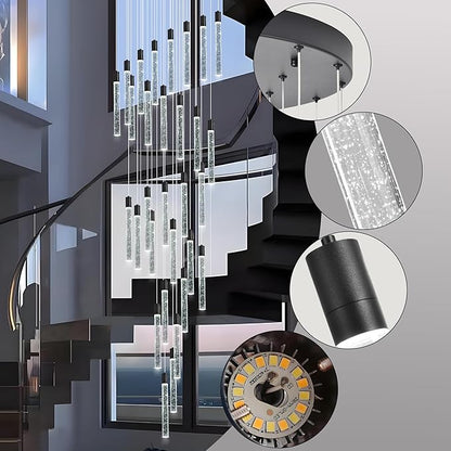 30-Lights Bubble Chandelier for Entryway High Ceiling-196 Height Adjustable Crystal Chandelier,3 Color Temperature Dimmable LED Pendant Light Fixture for Foyer Living Room Staircase,Matte Black