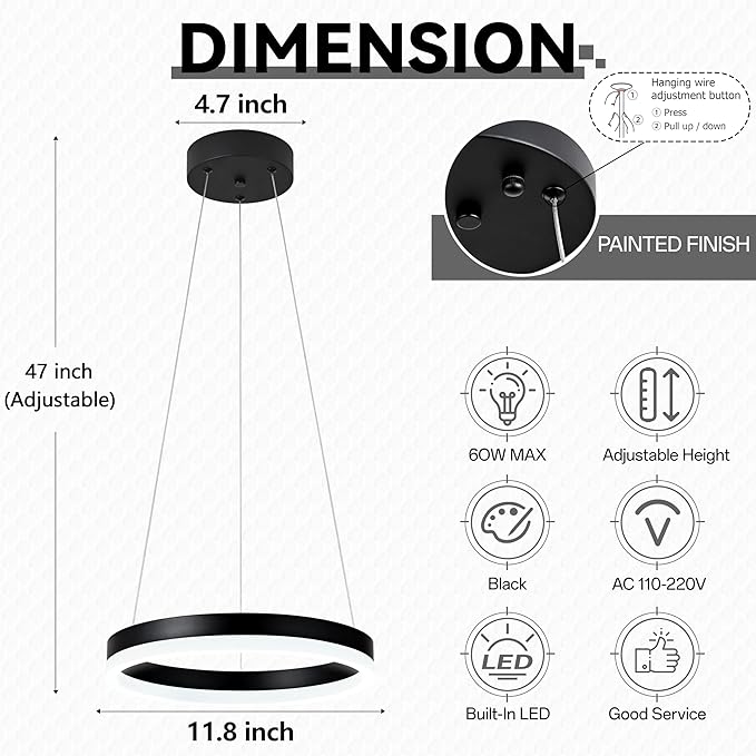 12" Black Led Ring Chandelier Ring Modern Led Chandelier 3 Pack Modern Pendant Lights Led Pendant Lights Adjustable Height Light Contemporary Light Fixture for Kitchen Island Dining Room
