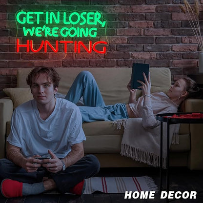 Funny Hunting Neon Sign - LED Light for Man Cave Garage, Country Outdoor Decor, Deer Hunter Wall Art Gift for Guys, Dimmable USB Powered(16.9 * 7.5inch)