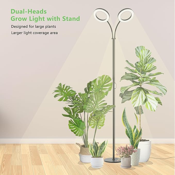 Grow Light for Indoor Plants, 2-Head Full Spectrum LED Tall Plant Lights with Timer, 3 Color Modes Standing Floor Growing Lamp, 70" Height Adjustable, 10 Dimmable Levels for Large Plants