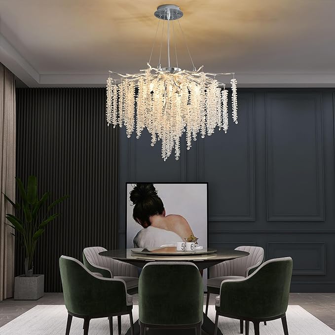 Modern Crystal Tree Branch Chandelier, D23.7'' Silver Round Raindrop Indoor Hanging Pendant Light Fixture for Dining Room Living Room Bedroom 8 Lights