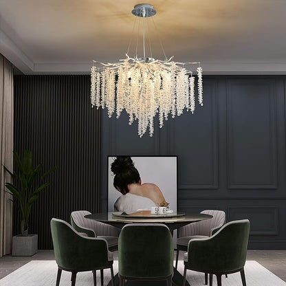 Modern Crystal Tree Branch Chandelier, D23.7'' Silver Round Raindrop Indoor Hanging Pendant Light Fixture for Dining Room Living Room Bedroom 8 Lights