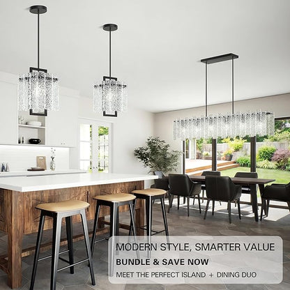 Modern Black Rectangle Chandelier, 48" Dining Room Chandelier with Water Ripple Glass, Staggered Design, Linear Crystal Chandeliers for Dining Room, Living Room, Kitchen Island