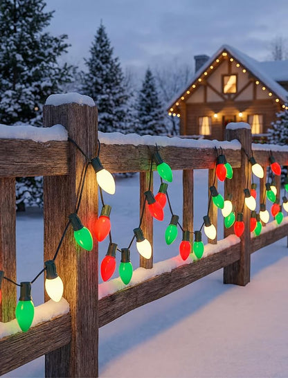 C9 Red Green White Christmas Lights, 25FT Multicolor Christmas Decorations String Lights with 26 Ceramics Bulbs, Connectable Vintage Xmas Tree Decor for Indoor Home Outdoor Patio Holiday Party Garden