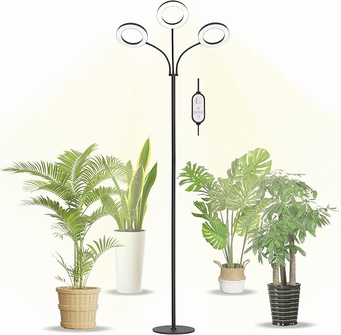Grow Light for Indoor Plants, 3-Head Full Spectrum LED Tall Plant Lights with Timer, 3 Color Modes Standing Floor Growing Lamp, 74" Height Adjustable, 10 Dimmable Levels for Large Plants