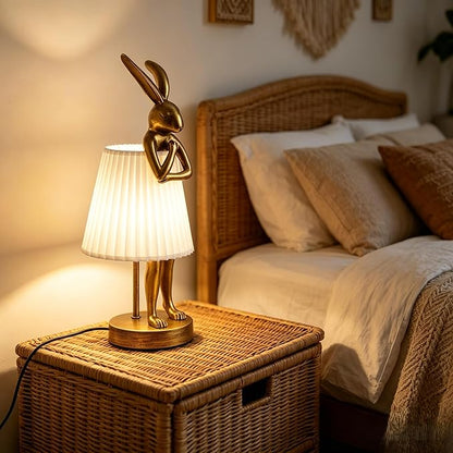 Easter Bunny Lamp, Rabbit Table Lamp for Bedroom, 15.7" Vintage LED Desk Light with Linen Lampshade, Cute Animal Night Light Gift for Kids Girls, Easter Basket Stuffers for Toddler (Light Gray)