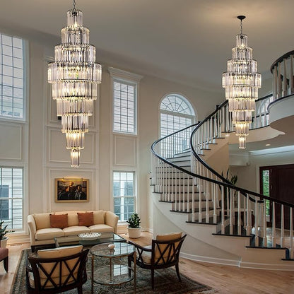 Modern Black Crystal Staircase Chandelier 9-Tier Large Foyer Chandelier for High Ceiling, Long Entryway Chandeliers Adjustable Chain for Entrance Hall Living Room Dia 23.7" x H 69" 20 Lights