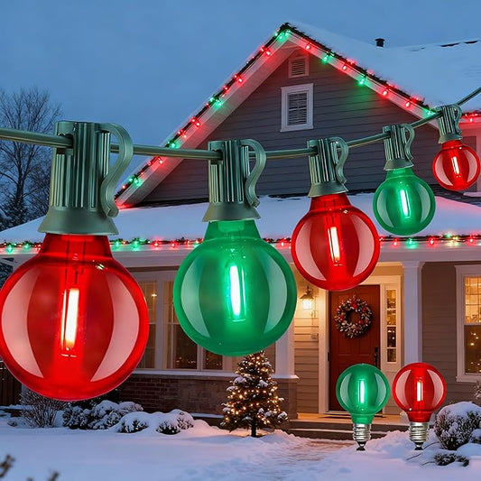 Abeja 50FT Multicolor Christma Lights Outdoor, Red/Green Christmas Lights with 25 LED Colorful Bulbs(2 Spare), Outside Christmas Hanging Light for Tree Roofline Holiday Party