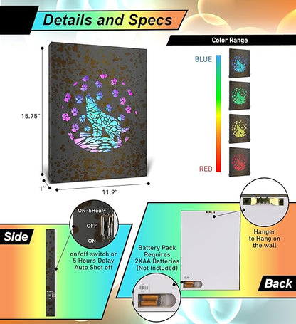 CoTa Global Wolf Light Up LED Wall Art - Fun Changing Color LED Light Up Picture Art for Bedroom, Modern Wall Hang Living Room Art, House Decor Art Design, Wolf Wall Art Nightlight - 16x12 Inches