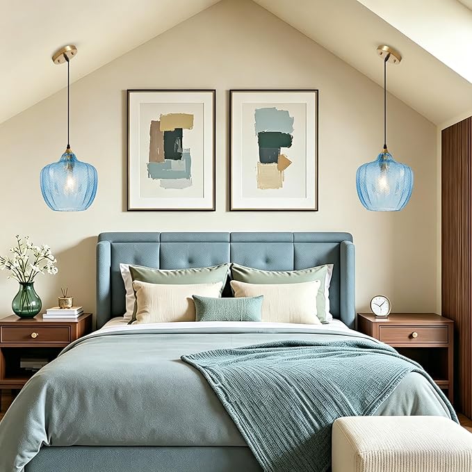 Modern Gold Pendant Light, Blue Glass Farmhouse Kitchen Island Pendant Light Fixture Adjustable Vintage Hanging Ceiling Light for Dining Room Corridor 9.45 inch 1 Pack, UL Certification
