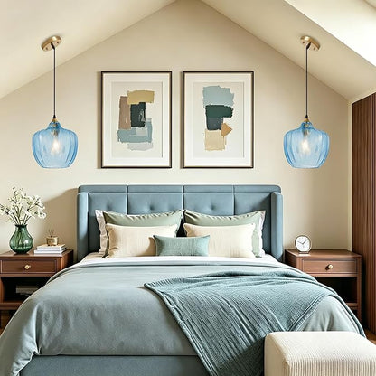 Modern Gold Pendant Light, Blue Glass Farmhouse Kitchen Island Pendant Light Fixture Adjustable Vintage Hanging Ceiling Light for Dining Room Corridor 9.45 inch 1 Pack, UL Certification
