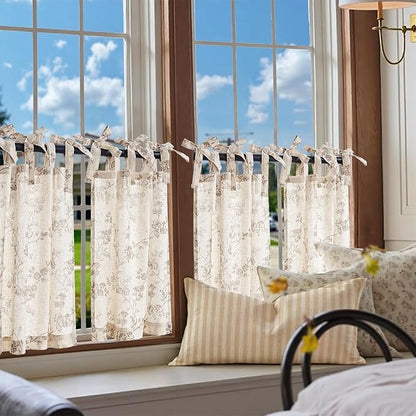 jinchan Floral Kitchen Curtains 24 Inch Linen Tier Curtains Farmhouse Cafe Half Window Drapes Over Sink Light Filtering Taupe on Beige for Living Room Laundry Tie Top 2 Panels