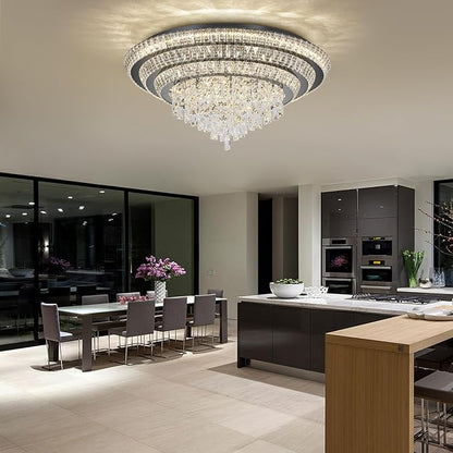 30 inch Crystal Flush Mount Black Chandelier, Modern Raindrop LED Ceiling Light, 3CCT Dimmable & Brightness Adjustable,Remote/APP ,Elegant Chandeliers for Bedroom Hallway Dinning Room Living Room