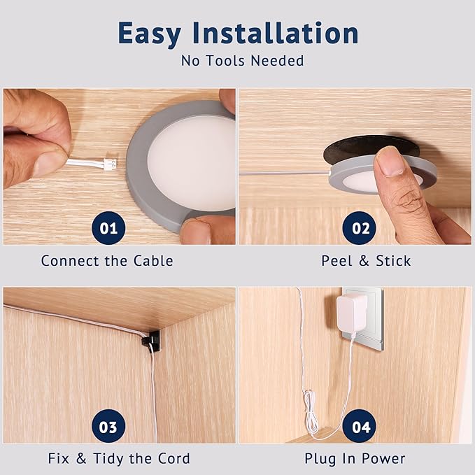 V4light LED Puck Lights 8 Pack, 6mm Ultra-Thin Plug in Under Cabinet Lighting with Touch Dimmer, Adjustable Color Temp(2700K-6500K), Easy Installation for Kitchen, Pantry, Closet, Bedroom