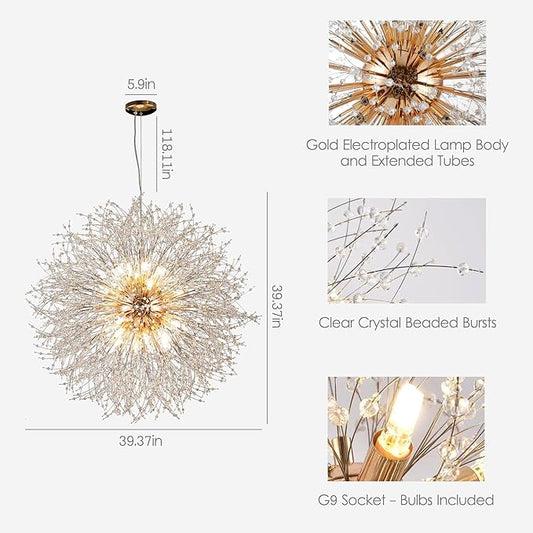 Modern Firework Chandelier, 24 Lights Gold Sputnik Crystal Chandelier, Large Dandelion High Ceiling Light Fixture for Foyer Hallway Entryway Living Room