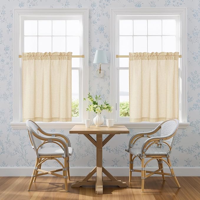 NICETOWN Linen Kitchen Short Curtains 36 Inch Length 2 Panels, Butter Yellow Plaid Rustic Farmhouse Decor Drapes, Light Filtering Tier Curtains with Rod Pocket for Bedroom Bathroom, 30×36