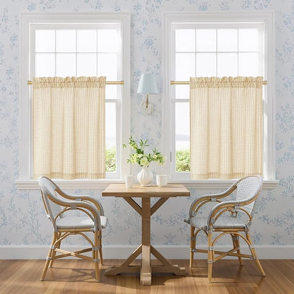 NICETOWN Linen Kitchen Short Curtains 36 Inch Length 2 Panels, Butter Yellow Plaid Rustic Farmhouse Decor Drapes, Light Filtering Tier Curtains with Rod Pocket for Bedroom Bathroom, 30×36