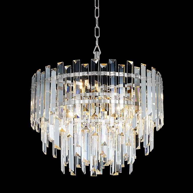 Chrome Modern Top K9 Crystal Chandelier Lighting Fixture, 6 Lights Round K9 Crystal Adjustable Hanging Lamp for Dining Room Bedroom Living Room,Hallway,Bar,Kitchen W17.6