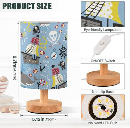 Table Lamp Pirate Marine Animal Octopus Whale Fish Nautical Skull Nightstand Lamp with Wood Base Fabric Lamp Shade Bedside Desk Lamp for Living Room Bedroom Kids Room Office