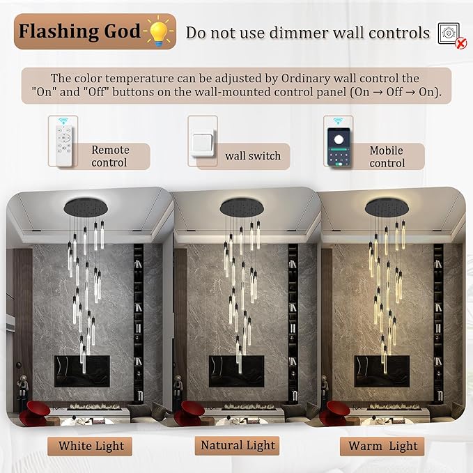 Flashing God Black 20 Lights High Ceiling Chandelier Modern Dimmable Light Fixtures Foyer Chandeliers Pendant Lighting Crystal Ceiling Chandelier Fixtures for Villa Staircase Hallway 11.5feet Long