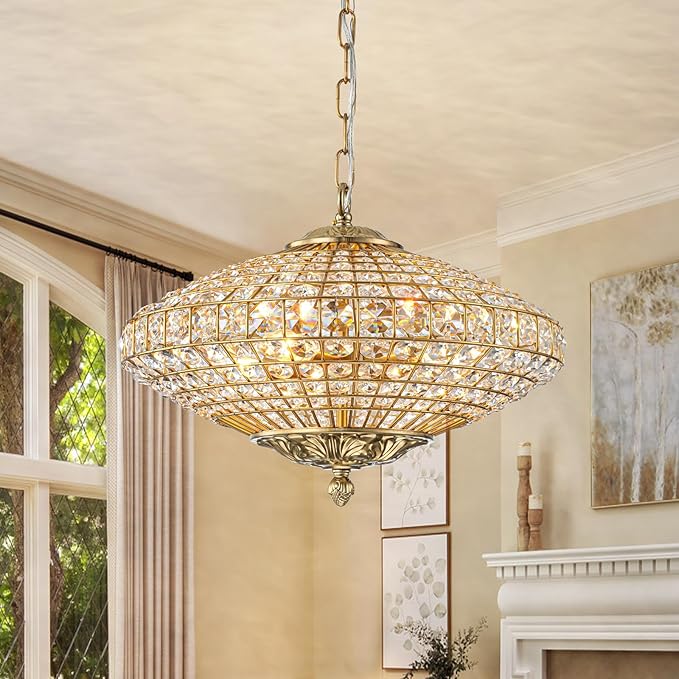 Crystal Chandelier, 18" Vintage Dining Room Light Fixture Farmhouse Large Foyer Chandeliers for High Ceilings Living Room Staircase Antique Brass