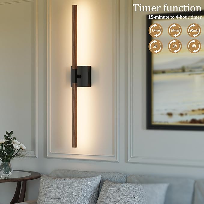 Rayogale 32 Inch Rechargeable Battery Operated Wall Sconce Set 2, 8000mAh Cordless, 3000K/4500K/6000K, Dimmable, Remote, Touch Control, 360° Rotation for Living Room Black Walnut 2 Pack